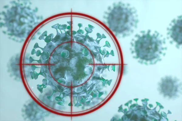Rozproszone wirusy koronowe z celem, renderowanie 3D — Zdjęcie stockowe