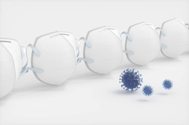Tıbbi maske ve hastalığın beyaz arka planı, 3D görüntüleme.