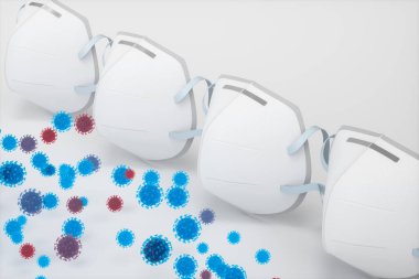 Tıbbi maske ve hastalığın beyaz arka planı, 3D görüntüleme.