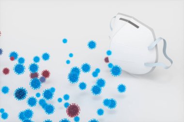 Tıbbi maske ve hastalığın beyaz arka planı, 3D görüntüleme.