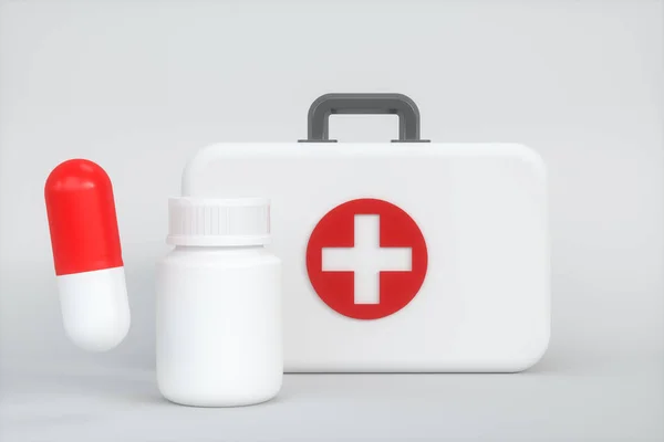 Kit médico e equipamentos médicos de emergência com fundo branco, renderização 3d . — Fotografia de Stock