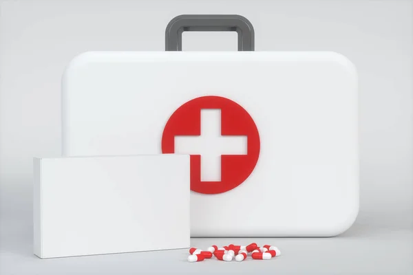 Medische kit en spoedeisende medische apparatuur met witte achtergrond, 3D-weergave. — Stockfoto