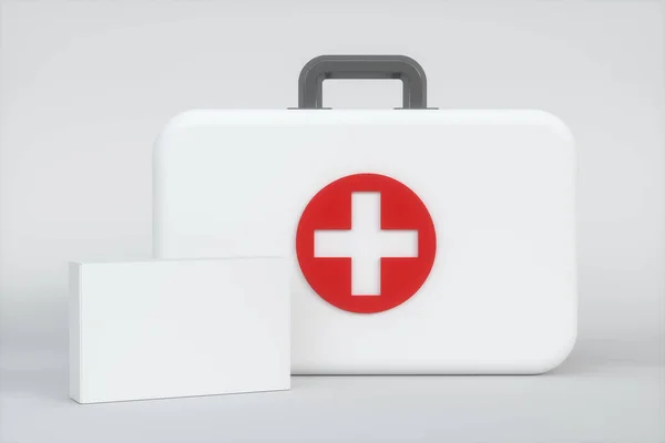 Medische kit en spoedeisende medische apparatuur met witte achtergrond, 3D-weergave. — Stockfoto