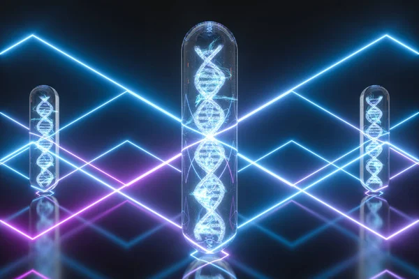 Reagenzglas und Chromosomen, DNA und Gene, 3D-Darstellung. — Stockfoto