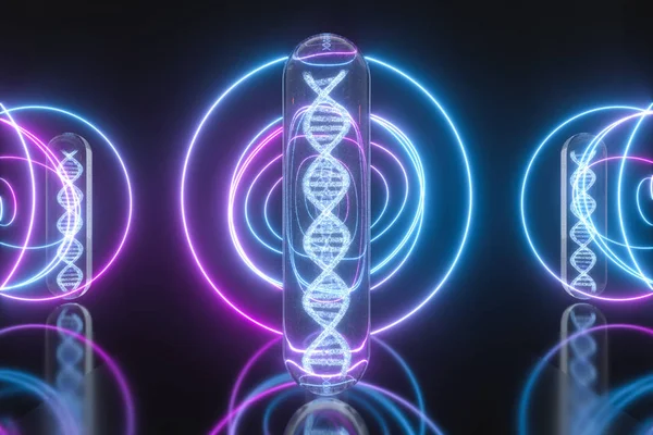 Tubo de ensayo y cromosomas, ADN y genes, representación 3d . — Foto de Stock