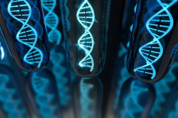 Tesztcső és kromoszómák, DNS és gének, 3d renderelés. — Stock Fotó