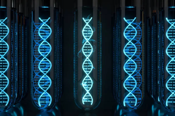 Тестовая трубка и хромосомы, ДНК и гены, 3d рендеринг . — стоковое фото