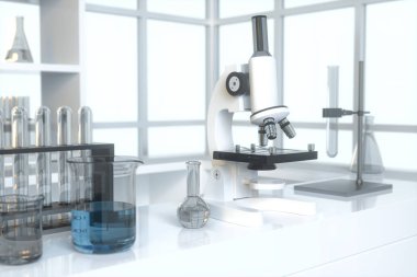Boş bir laboratuvar, beyaz arkaplan, 3D görüntüleme ile deneysel aygıt.
