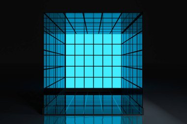 Neon ve cam kareler koyu arkaplan, 3 boyutlu görüntüleme.