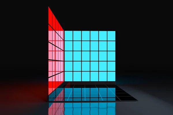 Neonowe i szklane kwadraty z ciemnym tłem, renderowanie 3d. — Zdjęcie stockowe
