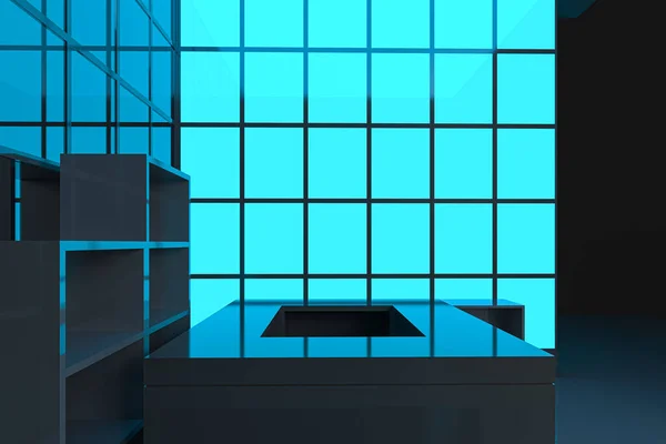 Quadrati al neon e vetro con sfondo scuro, rendering 3d . — Foto Stock