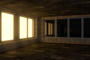 Empty brick house with dark background,3d rendering.