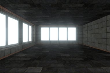 Empty brick house with dark background,3d rendering.