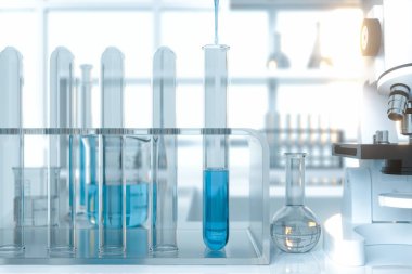 Boş bir laboratuvar, beyaz arkaplan, 3D görüntüleme ile deneysel aygıt.