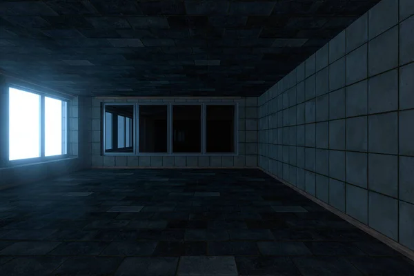 Casa de tijolo vazia com fundo escuro, renderização 3d . — Fotografia de Stock