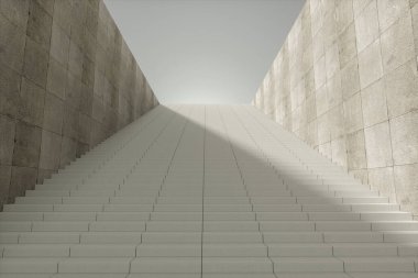 Gri arka planlı basamaklar ve duvarlar, modern yapı, 3D görüntüleme. Bilgisayar dijital çizimi.