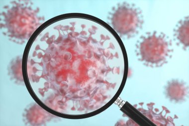 Coronavirus ve mikroskop, tıp ve bilim, soyut gebelik, üç boyutlu görüntüleme. Bilgisayar dijital çizimi.