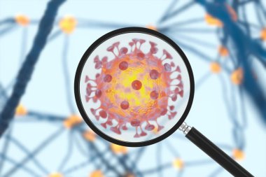 Coronavirus ve mikroskop, tıp ve bilim, soyut gebelik, üç boyutlu görüntüleme. Bilgisayar dijital çizimi.