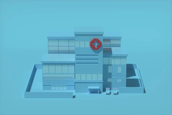 Νοσοκομείο Μοντέλο Μπλε Φόντο Αφηρημένη Σύλληψη Απόδοση Ψηφιακό Σχέδιο Υπολογιστή — Φωτογραφία Αρχείου