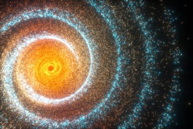 Parlayan parçacıklar ve Samanyolu Galaksisi, patlayıcı kıvılcımlar, 3D görüntüleme. Bilgisayar dijital çizimi.