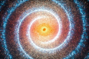 Parlayan parçacıklar ve Samanyolu Galaksisi, patlayıcı kıvılcımlar, 3D görüntüleme. Bilgisayar dijital çizimi.