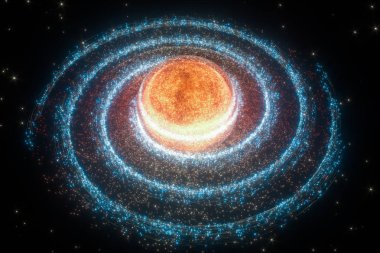 Parlayan parçacıklar ve Samanyolu Galaksisi, patlayıcı kıvılcımlar, 3D görüntüleme. Bilgisayar dijital çizimi.