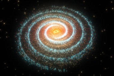 Parlayan parçacıklar ve Samanyolu Galaksisi, patlayıcı kıvılcımlar, 3D görüntüleme. Bilgisayar dijital çizimi.