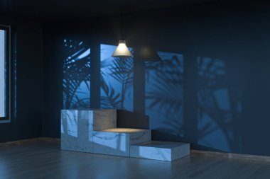 Boş oda ve mermer natürmort, ahşap zemin ve tavan lambası, 3D döşeme. Bilgisayar dijital çizimi.