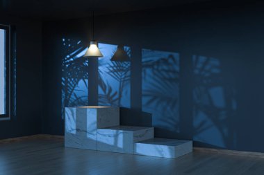 Boş oda ve mermer natürmort, ahşap zemin ve tavan lambası, 3D döşeme. Bilgisayar dijital çizimi.