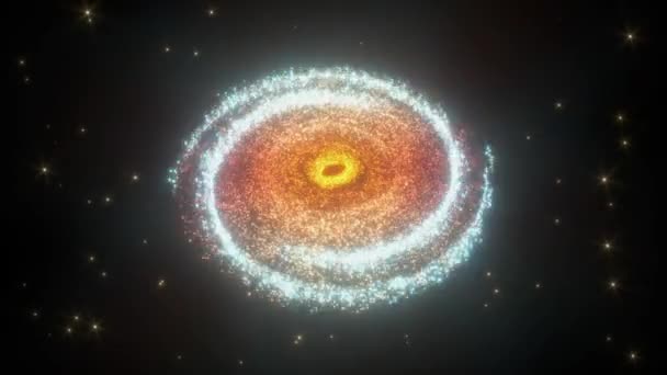 Gloeiende deeltjes en melkwegstelsel, explosieve vonken, 3D-weergave. — Stockvideo