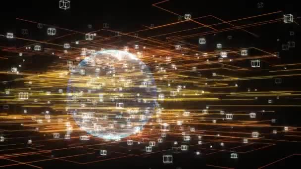 Datalijnen en aardemodel, gloeiende lijnen en blokjes, 3d rendering. — Stockvideo