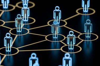 Bilgi ve iletişim konsepti ile parıldayan küçük adam, üç boyutlu görüntüleme. Bilgisayar dijital çizimi.