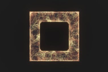 Altın soyut çizgiler ve siyah arkaplanlı kristaller, üç boyutlu çizimler. Bilgisayar dijital çizimi.