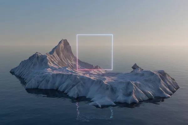 Neon square on the island of snow mountain on the sea, 3d rendering. Computer digital drawing.