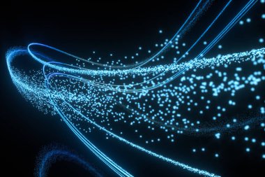 Mavi parlayan parçacıklar, soyut arkaplan, üç boyutlu görüntüleme. Bilgisayar dijital çizimi.