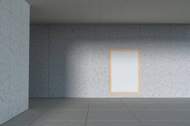 Dışarıdaki boş beyaz afiş. Arka planda beton bina var. 3D görüntüleme. Bilgisayar dijital çizimi.