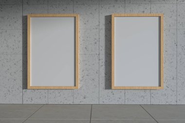 Dışarıdaki boş beyaz afiş. Arka planda beton bina var. 3D görüntüleme. Bilgisayar dijital çizimi.