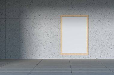 Dışarıdaki boş beyaz afiş. Arka planda beton bina var. 3D görüntüleme. Bilgisayar dijital çizimi.