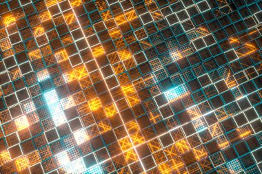 Parlayan küp bloklar, cam malzemeler, 3 boyutlu görüntüleme. Bilgisayar dijital çizimi.