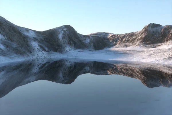 Montañas Nieve Lago Fondo Natural Renderizado Dibujo Digital Informático —  Fotos de Stock