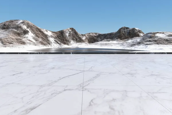 Lumivuoria Järvi Luonnollinen Tausta Renderöinti Tietokoneen Digitaalinen Piirustus — kuvapankkivalokuva