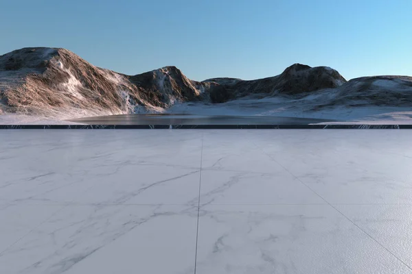 Lumivuoria Järvi Luonnollinen Tausta Renderöinti Tietokoneen Digitaalinen Piirustus — kuvapankkivalokuva