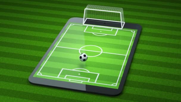 Animering av skytte fotboll på plattan, virtuell verklighet, 3D-rendering — Stockvideo