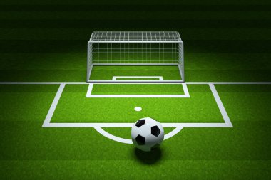 Futbol sahasındaki futbol topu, en üstteki ışıkla aydınlatılmış, üç boyutlu. Bilgisayar dijital çizimi.