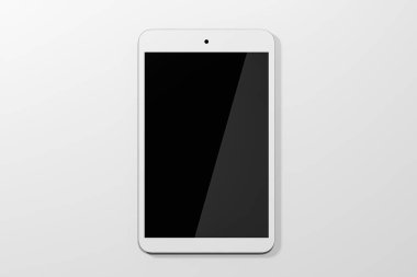 Beyaz arkaplanlı boş tablet bilgisayar ekranı, 3 boyutlu görüntüleme. Bilgisayar dijital çizimi.