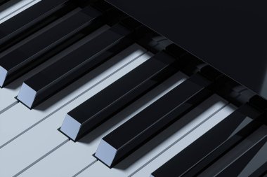 Piyano tuşları koyu arkaplanlı, 3 boyutlu. Bilgisayar dijital çizimi.