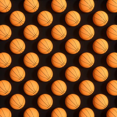 Siyah arka planlı, 3D görüntülü, tekrarlanan spor topu deseni. Bilgisayar dijital çizimi.