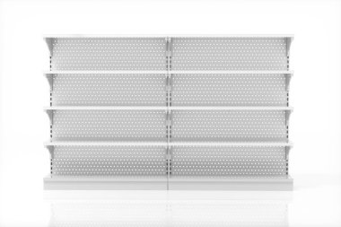 Beyaz arka planı olan boş süpermarket rafları, 3 boyutlu görüntüleme. Bilgisayar dijital çizimi.