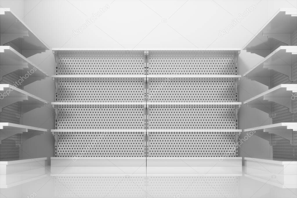 Empty supermarket shelves with white background, 3d rendering. Computer digital drawing.
