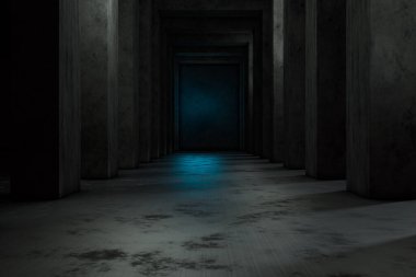 Terk edilmiş karanlık tünel, 3D görüntüleme. Bilgisayar dijital çizimi.
